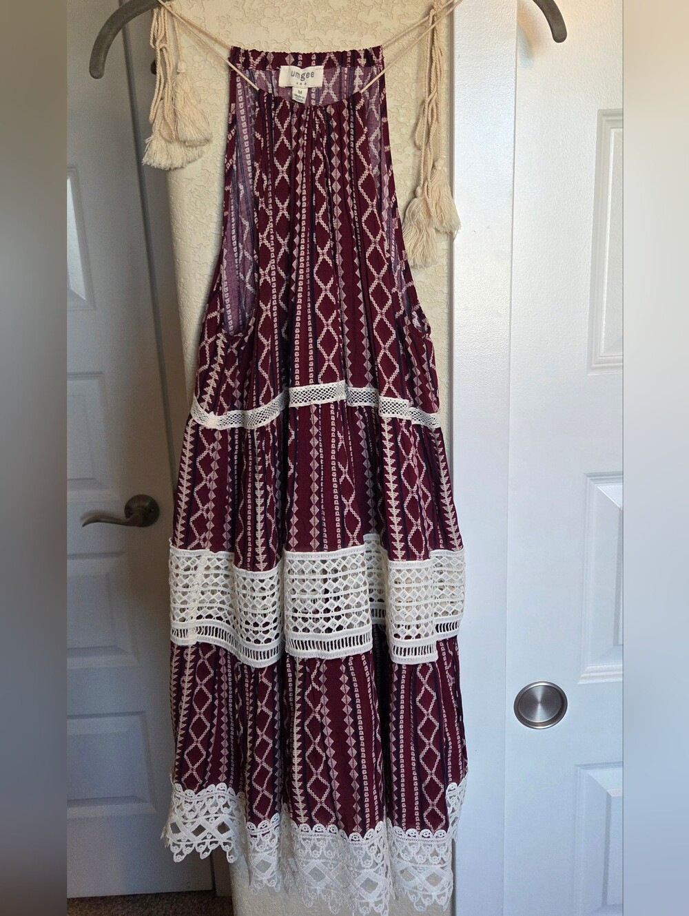 UMGEE lace Trim Boho Dress - Burgundy & White